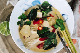 Recipe for a vegan Thai soup, Tom Kha Gai With Mushrooms, from Global Vegan by Ellie Bullen.