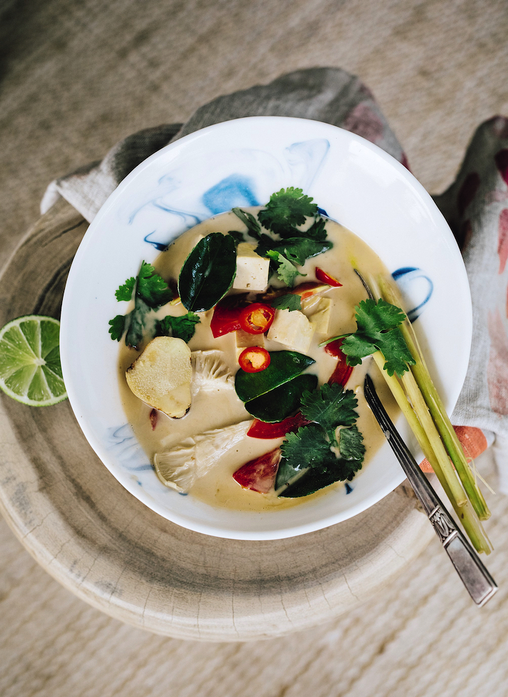 Recipe for a vegan Thai soup, Tom Kha Gai With Mushrooms, from Global Vegan by  Ellie Bullen.