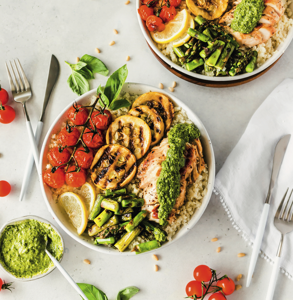 Recipe for Basil Pesto Chicken Power Bowls, from Clean Paleo.