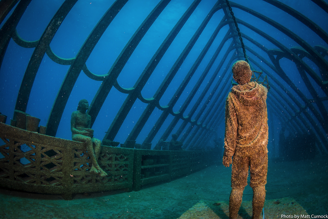 Museum of Underwater Art, Great Barrier Reef, Coral Greenhouse is the first underwater building by sculptor Jason deCaires Taylor.