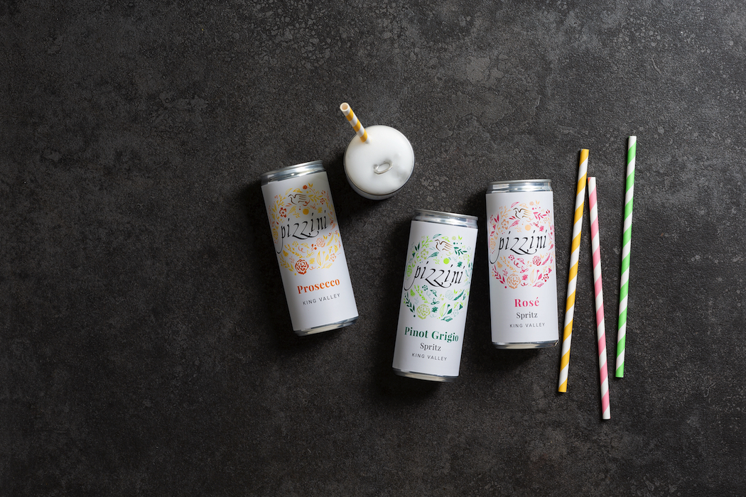 The three new lightly sparkling canned wines from Pizzini.