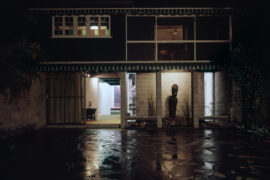 Johnstone Gallery courtyard at night, Cintra Road, Bowen Hills, ca. 1970. Arthur Davenport Photographs 1955–1992, 27642/1185, John Oxley Library, State Library of Queensland.