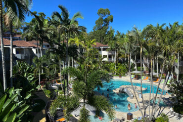 Mantra French Quarter Noosa view of the pool from the balcony of our room (301) at Mantra French Quarter Noosa.