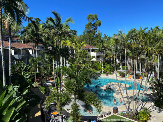 Mantra French Quarter Noosa view of the pool from the balcony of our room (301) at Mantra French Quarter Noosa.