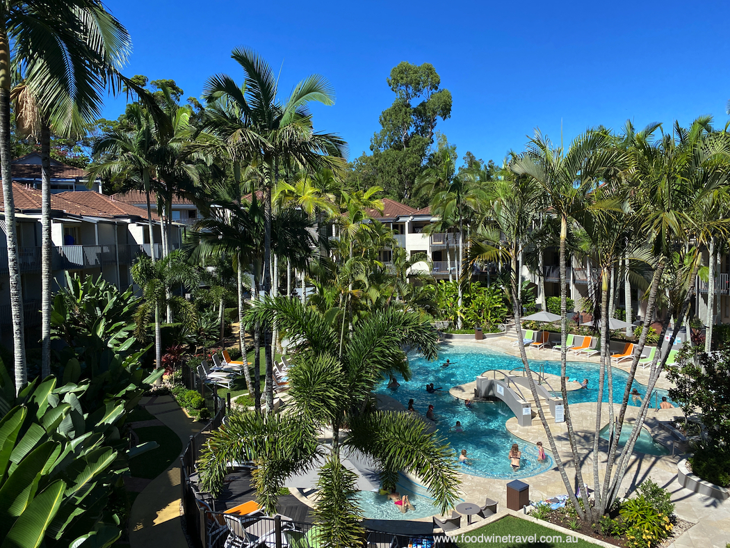 View of the pool from the balcony of our room (301) at Mantra French Quarter Noosa.