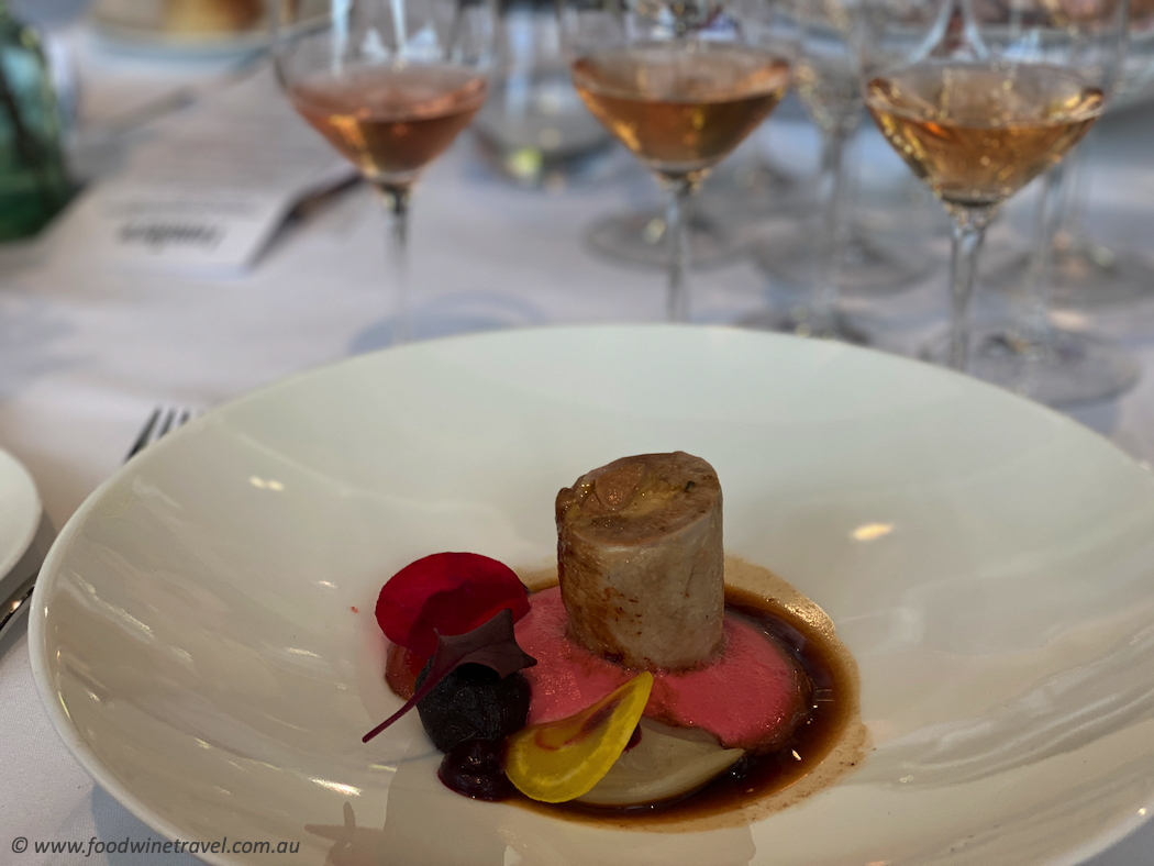 Pan-seared Brisbane Valley quail breast with textures of root vegetables, local plum and hibiscus scented pan juices.