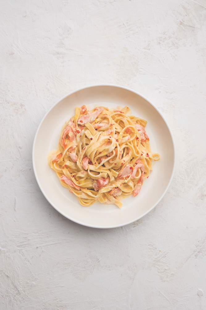 Pasta with Smoked Trout, Lemon Cream and Pink Peppercorns, one of the delicious recipes from Saturday Night Pasta.