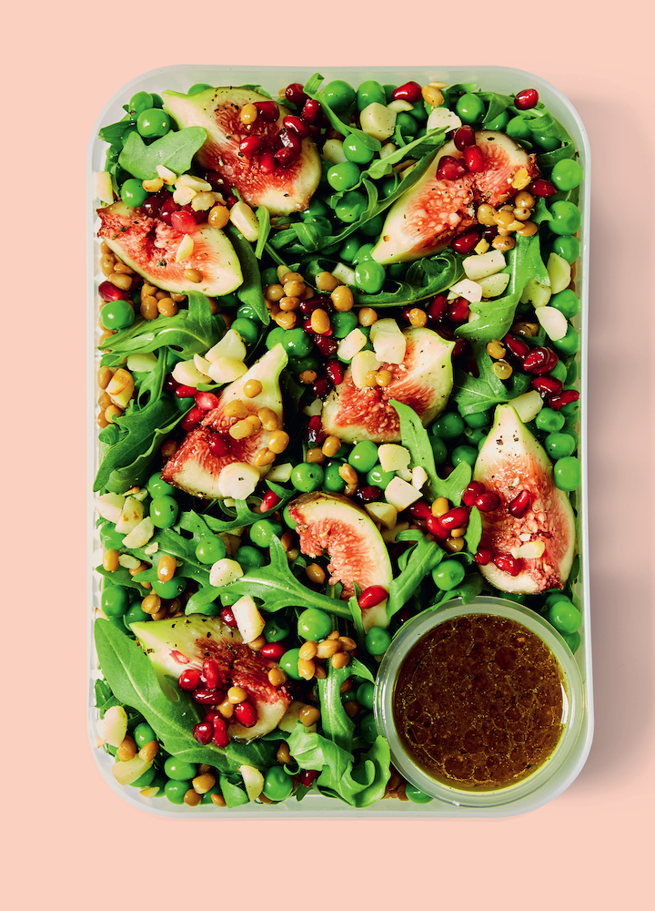 Make These Stunning Vegan Lunchbox Dishes In 5 Minutes Luscious Pea, Pomegranate and Fig Salad, from The 5-Minute Vegan Lunchbox.
