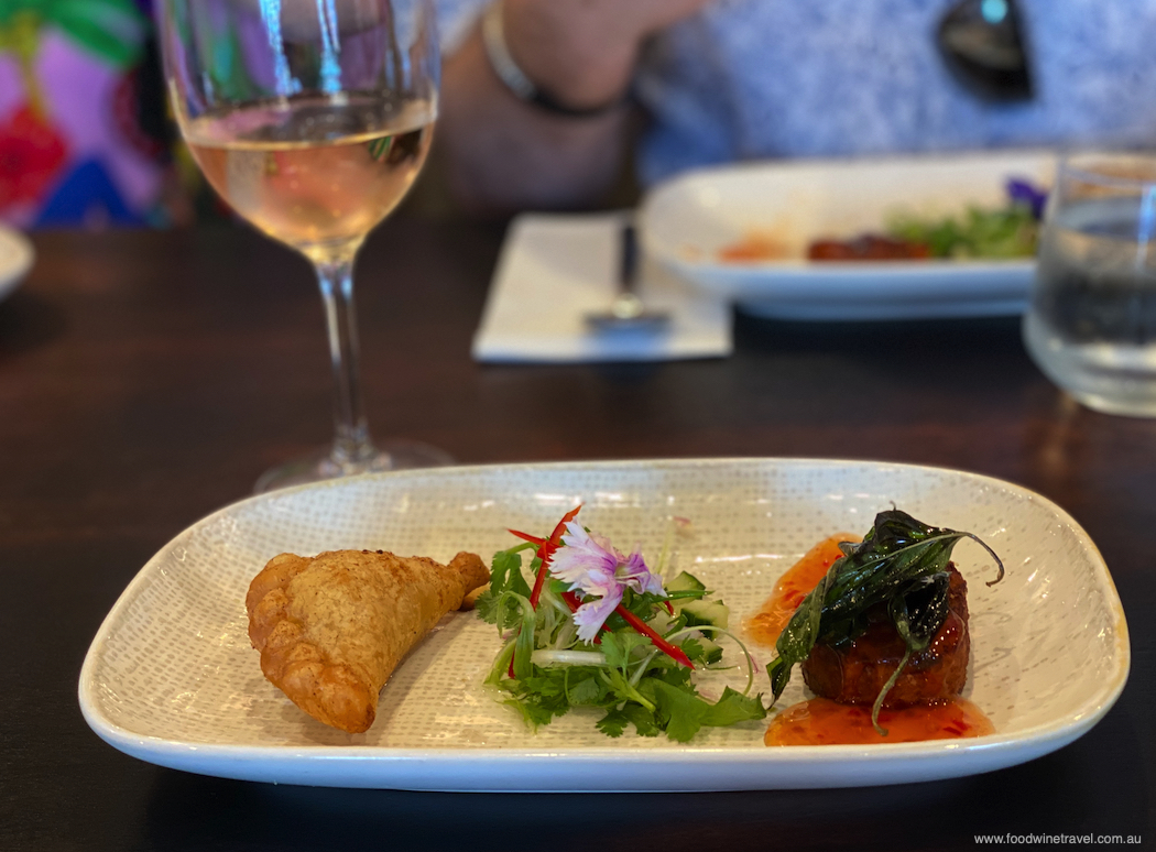 Chicken curry puff and snapper fish cake for starters at Chim Thai.