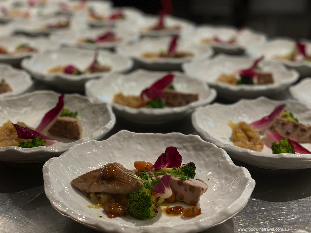 Cold-smoked Quail Breast Salad with Candied Witlof and Tea-Smoked Raisins.