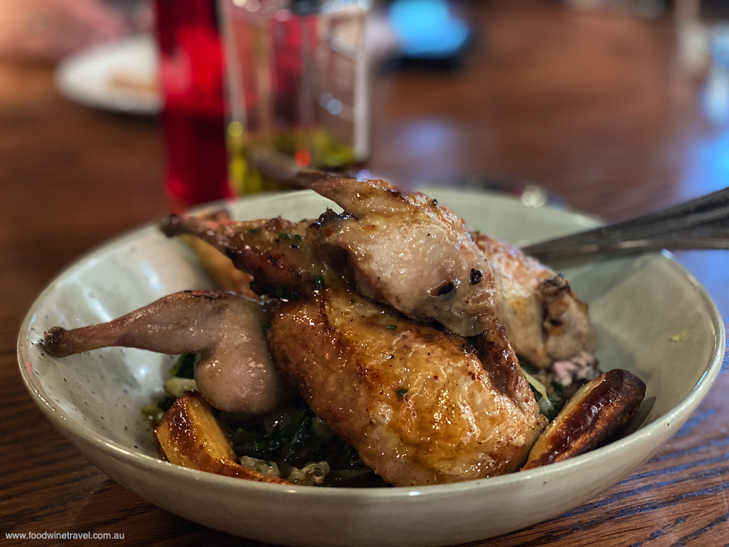 Brisbane Valley Quail Stuffed With Truffle, with Roasted Parsnips and Sherry Sauce.