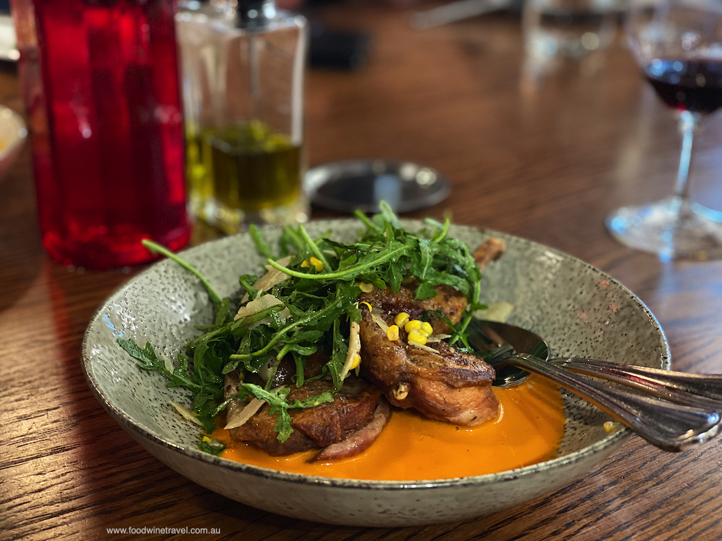 Whole Butterflied Quail Brasa-style with Corn & Rocket Salad and Smoked Capsicum Dressing.