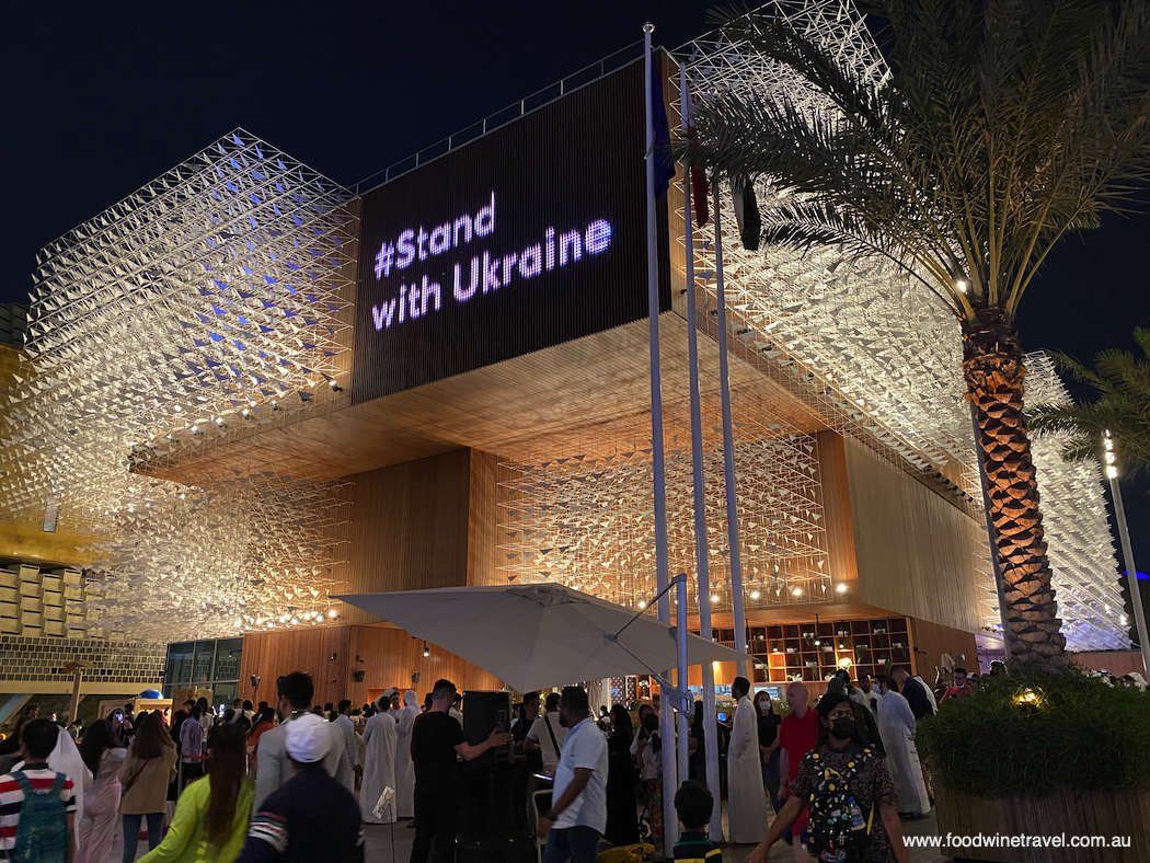The Poland pavilion, with a declaration of support for Ukraine.