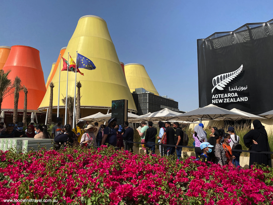 The Spain (left) and New Zealand pavilions.