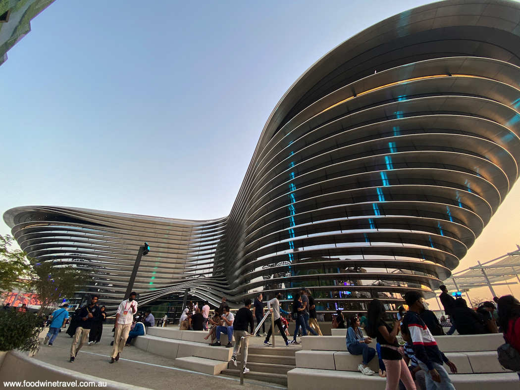 Alif, the impressive, curvaceous Mobility pavilion, named after the first letter of the Arabic alphabet.