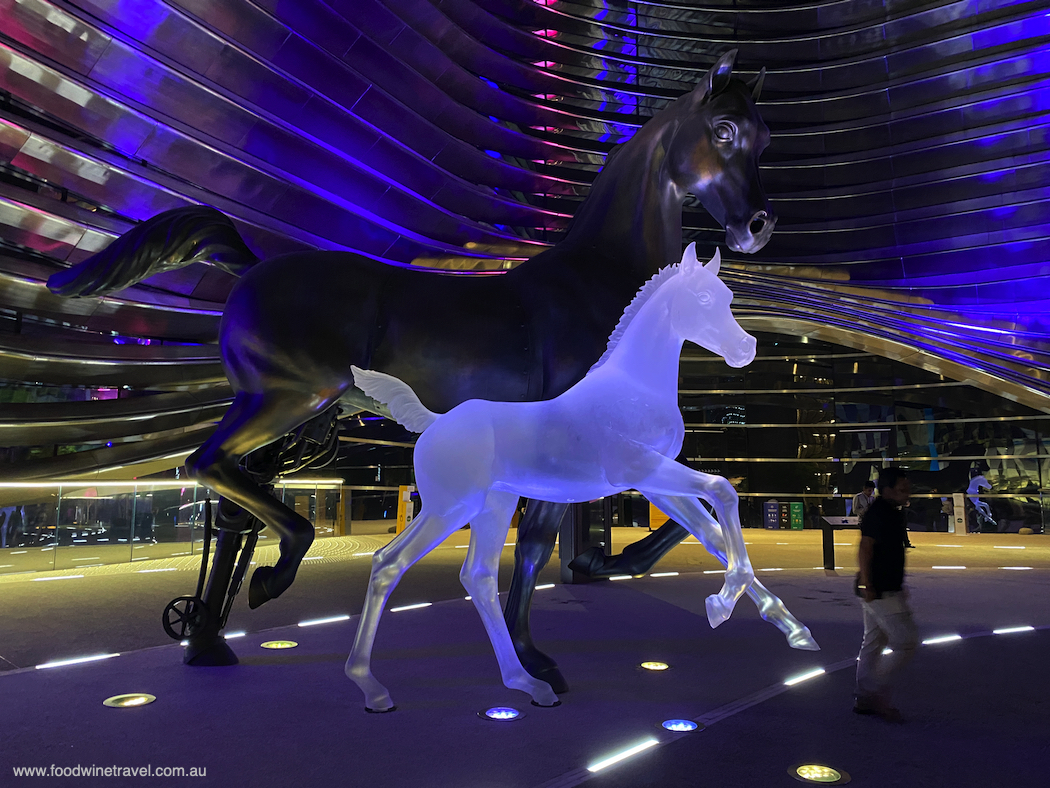 The Mare and The Foal statue outside Alif, the Mobility Pavilion.