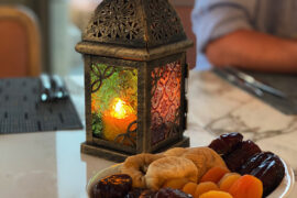 Dates, dried apricots and dried figs, on the Iftar table.