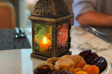 Dates, dried apricots and dried figs, on the Iftar table.