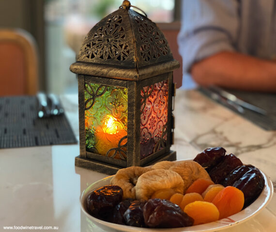 Dates, dried apricots and dried figs, on the Iftar table.