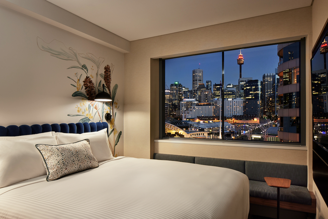 My King Deluxe room with view overlooking Pyrmont towards the Sydney skyline.