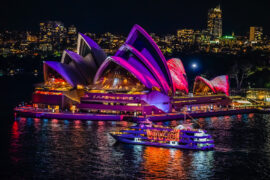 Captain Cook Cruises' Sydney 2000 passing the Sydney Opera House during Vivid Sydney 2019.