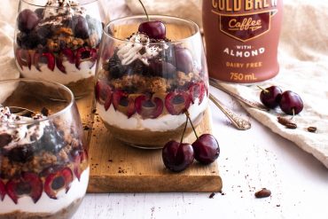 Tiramisu Trifle With Cherries, made with coconut cream and Califia Farms XX Espresso.