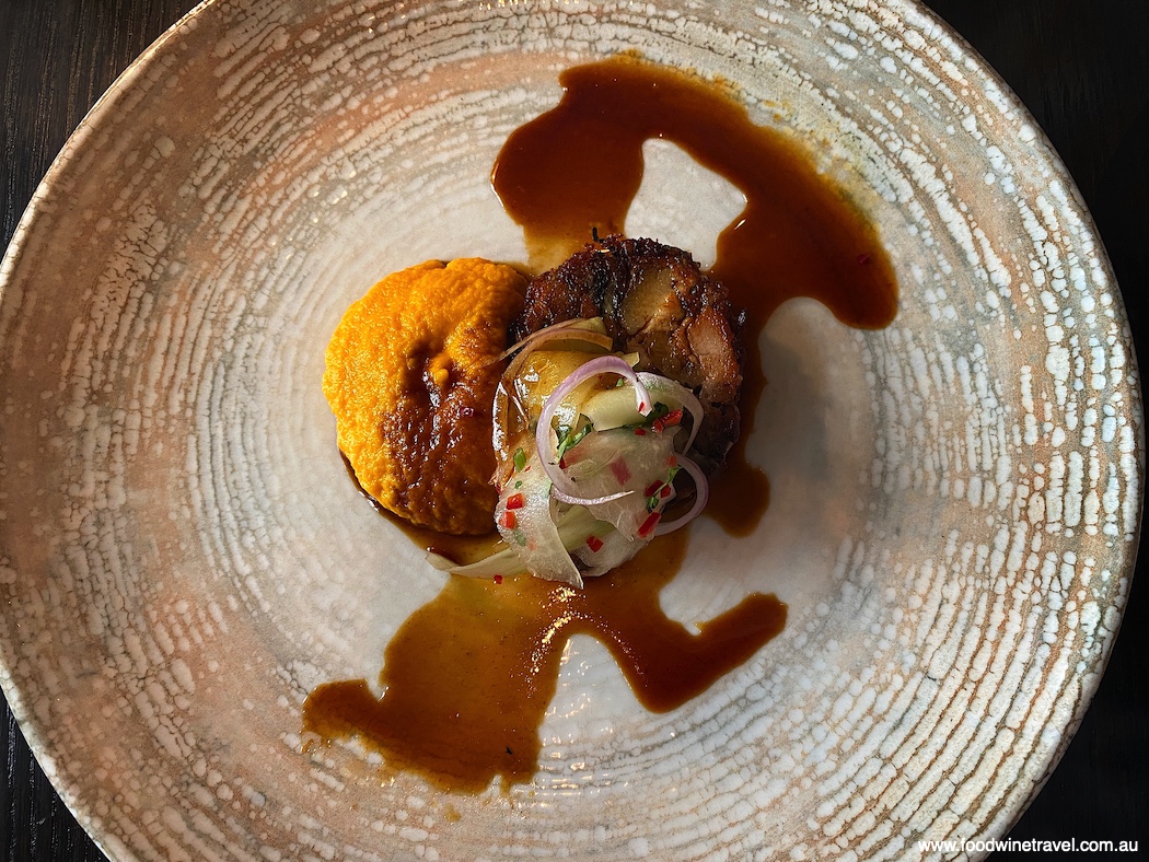 Fourth course: Braised Pork Belly with green papaya salad and carrot puree.