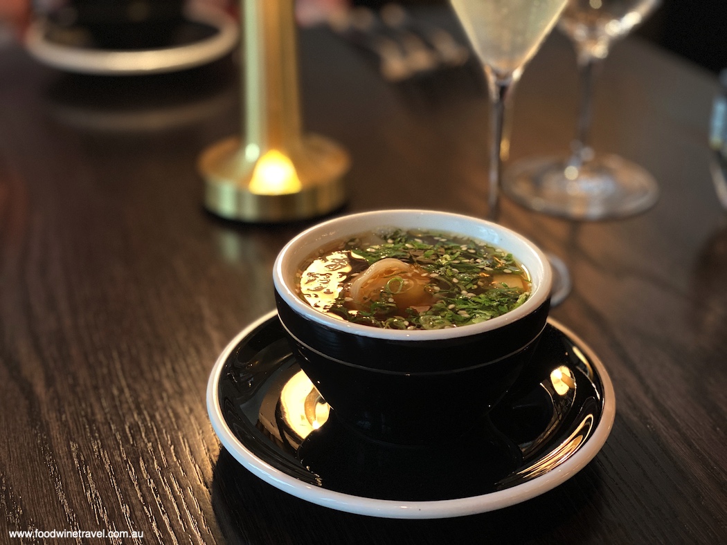 Duck tortellini in a Peking duck broth, first course in a bottomless brunch at Luke's Kitchen.