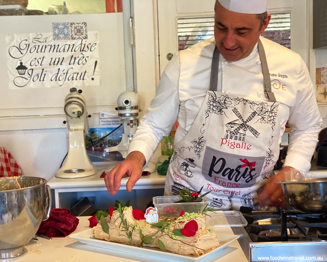 Christophe Gregoire showing us how to make bûche de Noël at his Bungendore restaurant, Le Tres Bon.