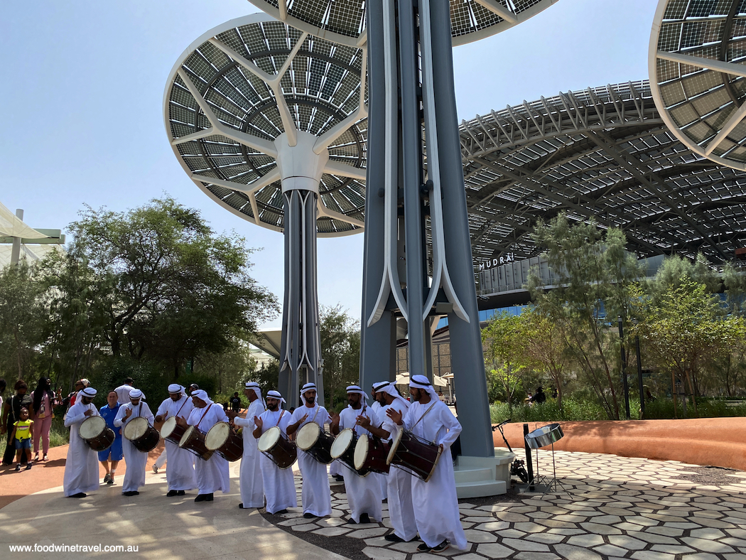 Entertainment under the giant solar panels at Dubai Expo 2020.
