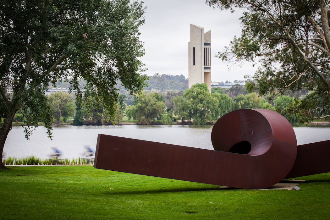 The National Gallery of Australia Sculpture Garden, overlooking Lake Burley Griffin and the Carillon. Photo: Visit Canberra.