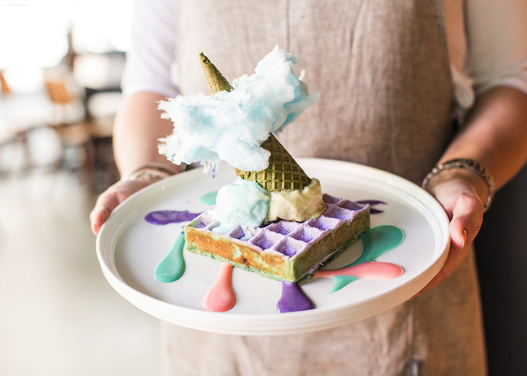 Space Kitchen at Woden does eye-catching dishes for kids, aka this Unicorn Waffle. Photo: Visit Canberra.