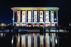 The National Library of Australia, illuminated during Enlighten. Photo: Visit Canberra.