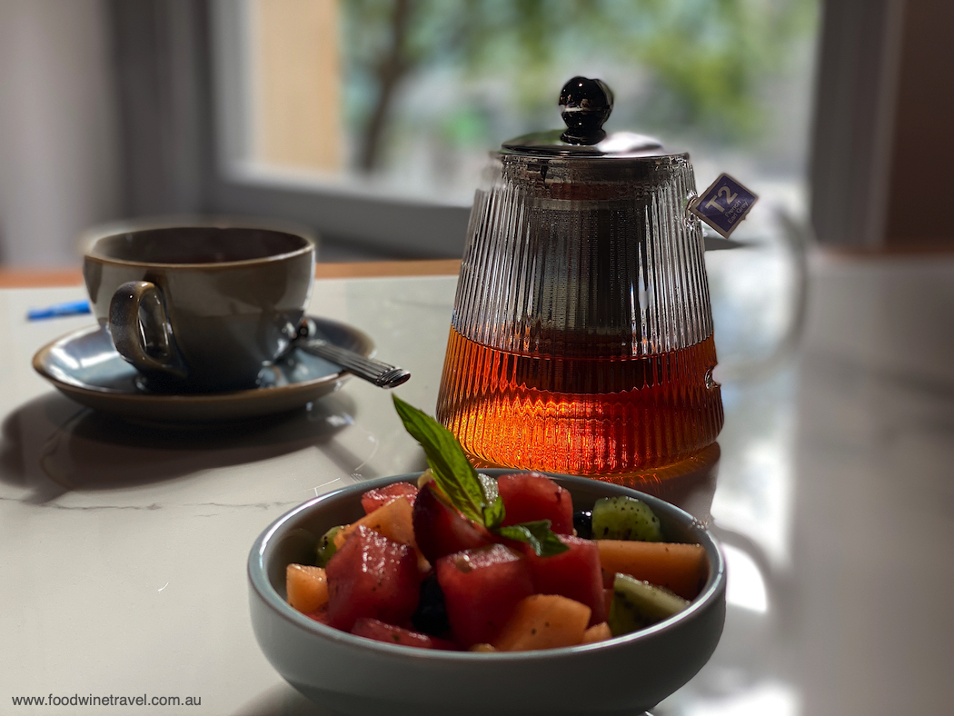 Fresh Fruit Salad with lemon myrtle syrup, one of the terrific breakfast dishes we enjoyed in Dixson & Sons.