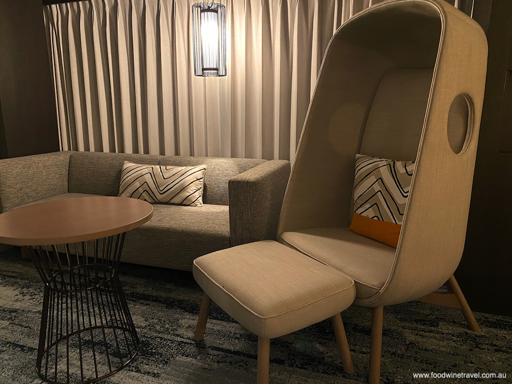 The eye-catching capsule chair in our suite on the 8th floor.