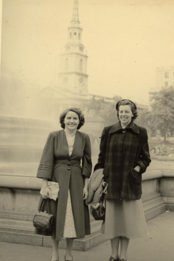 Aussie girls in London: Mum (left) with her friend Betty in Trafalgar Square in 1953.