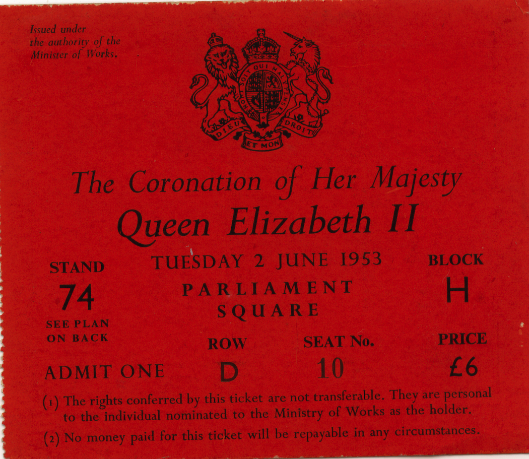 Ticket to the Coronation of Queen Elizabeth II in 1953