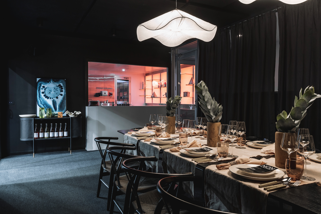 The table in the NONHQ tasting room, set for a fabulous pairing of drinks and dishes.