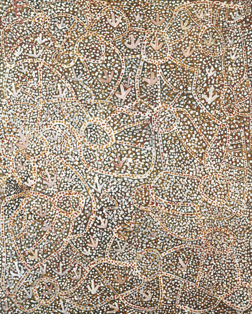 Emily Kam Kngwarray, Anmatyerr people, Ankerr (emu), 1989, National Gallery of Victoria, purchased from Admission Funds, 1990 © Emily Kam Kngwarray/Copyright Agency, 2023. Image courtesy of National Gallery of Victoria.