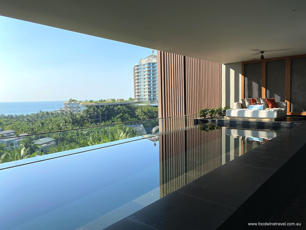 The infinity pool and daybed on the balcony of our Sky Pool Villa.