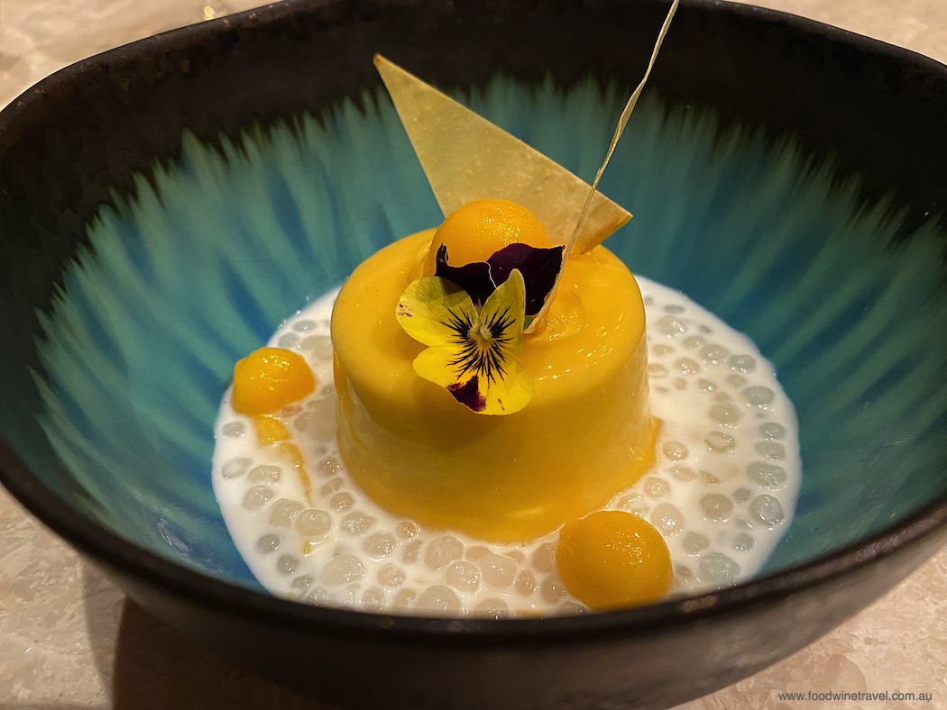 Dessert at Rice Market in the Regent: Mango pudding with coconut sago and mango chips.