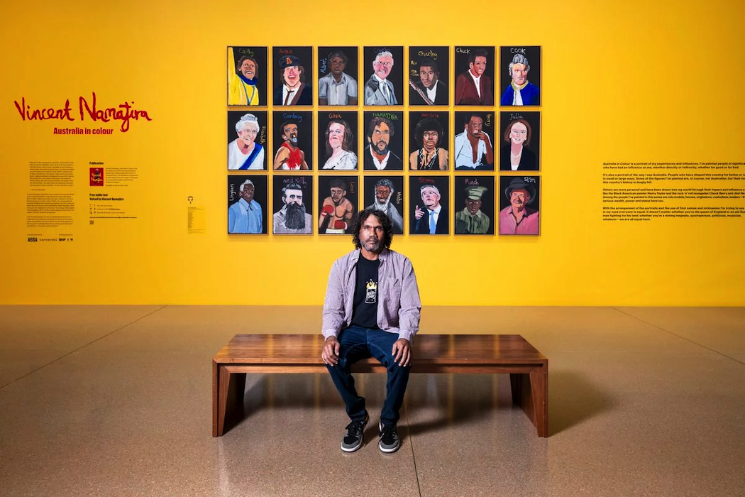 Vincent Namatjira (Western Aranda people) with Vincent Namatjira: Australia in colour, installation view, National Gallery of Australia, Kamberri/Canberra, 2024.