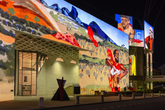 Autumn in Canberra. Vincent Namatjira: Indigenous All Stars, installation for Enlighten Festival, 2024, National Gallery of Australia, Kamberri/Canberra, 2024.