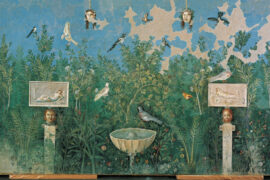 Fresco of a garden scene, painted plaster 1st century CE, excavated from the House of the Golden Bracelet.