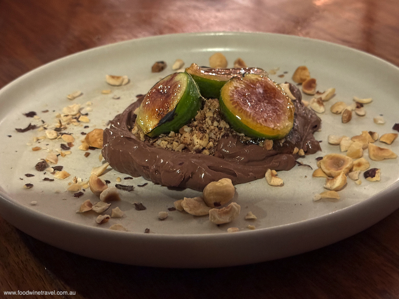 Cupitt's Estate Dining Room Caramelized garden figs with salted hazelnuts and dark chocolate ganache - yum!