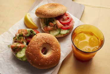 Celebrate Canada Day with Maple-Glazed Salmon and Pickled Cucumber Bagels.