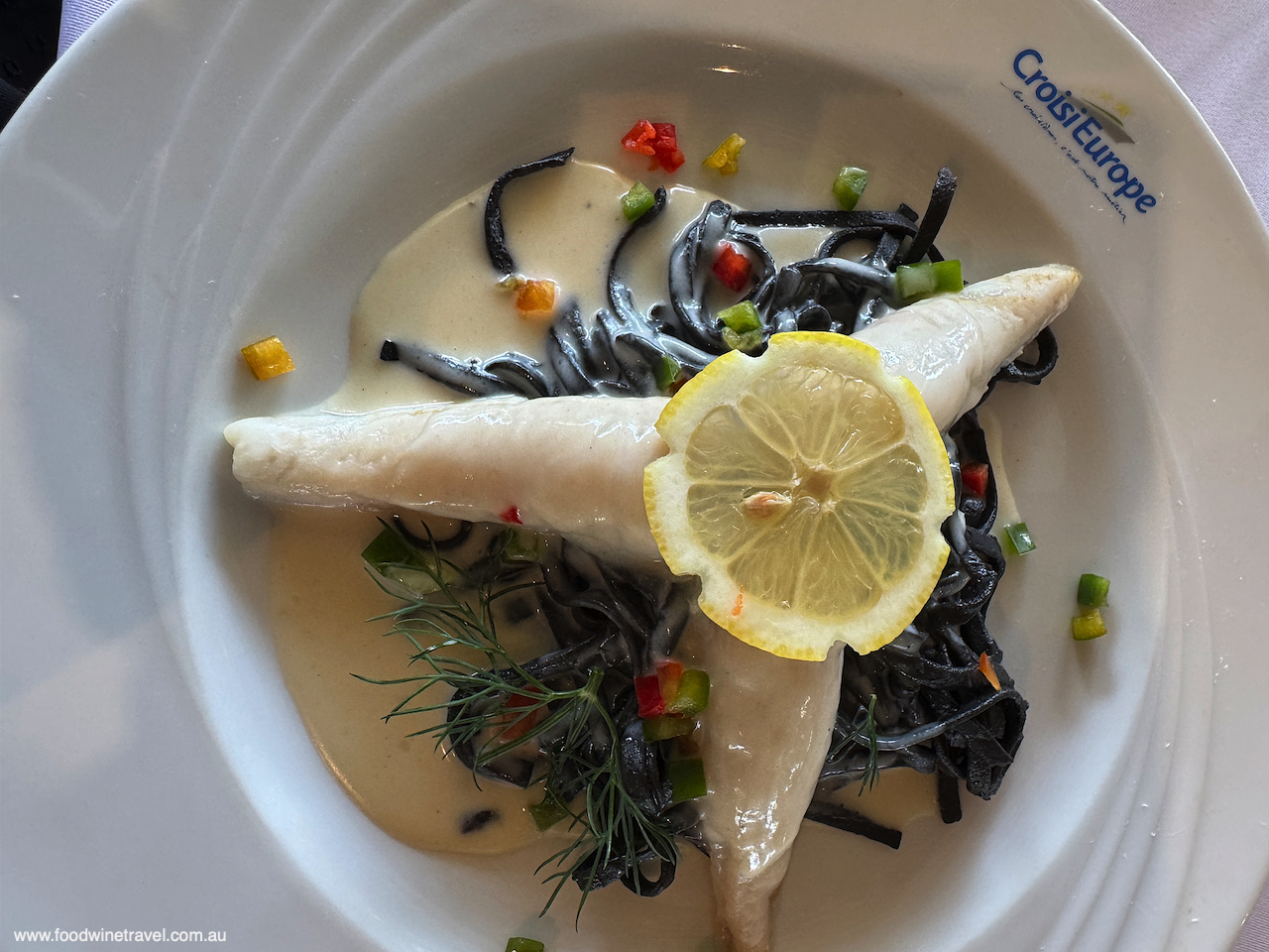 A fine lunch on board MS Vivaldi: Hake with squid ink tagliatelle.