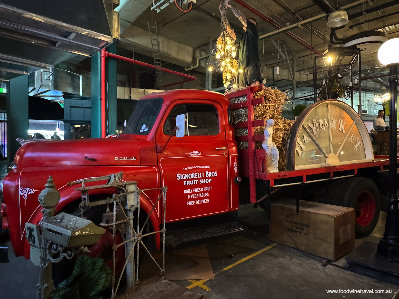 Recycled, upcycled and restored materials were used, including this vintage truck.