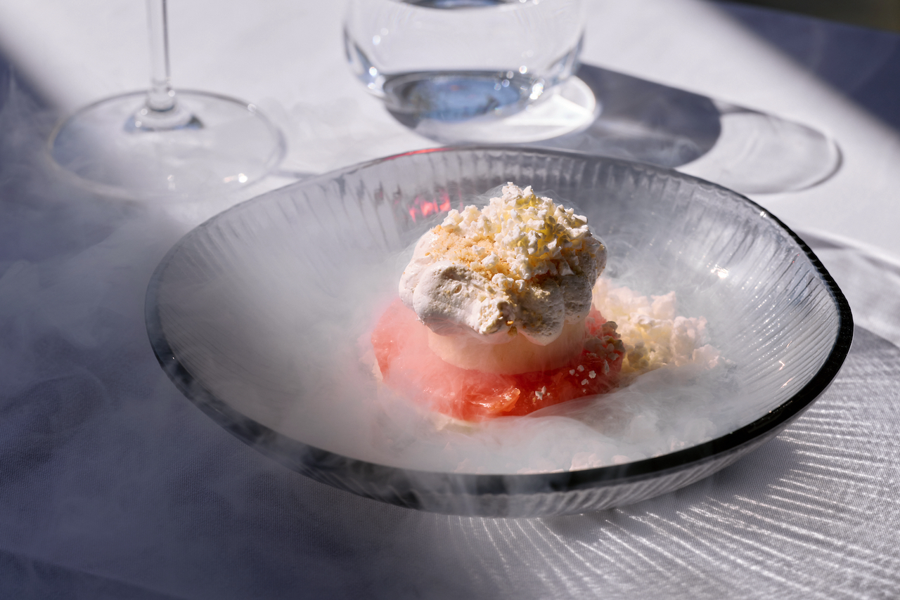 Vanilla panna cotta, frozen lemon curd, ruby grapefruit, frozen limoncello crema, amaretti biscuit