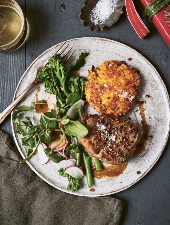 Pepper-crusted fillet of beef with sweet potato rosti, from The Magical Christmas Cookbook.